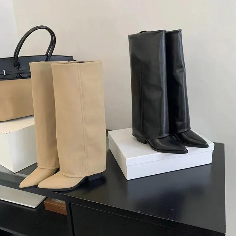 Women's Boots Knee High Heels Leather Chunky Fashion Shoes Pointed Toe Snow Long Boots New Design Pumps Punk Chelsea Botas Mujer - view 4