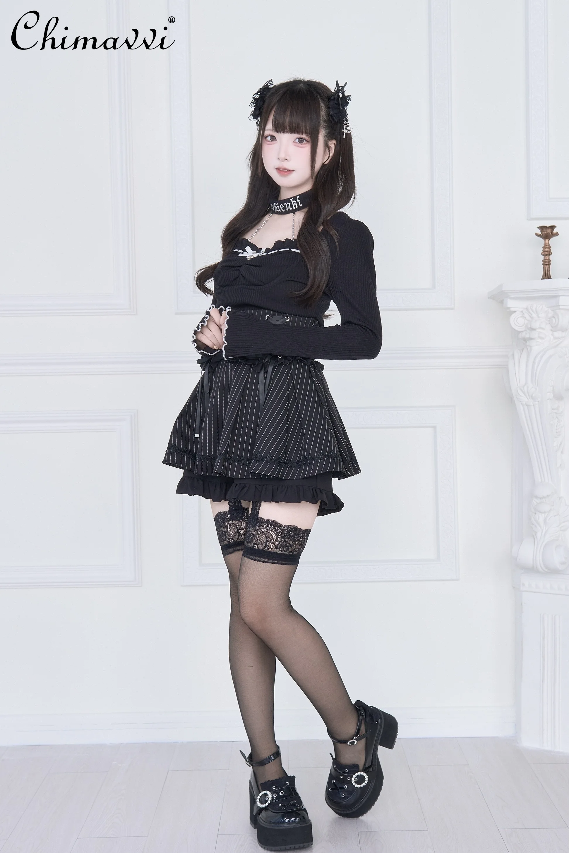 

Original Japanese Mine Series Subculture Lace Collar Slim Fit Long Sleeve Top High Waist Skirt Set Subculture Lolita 2Piece Set