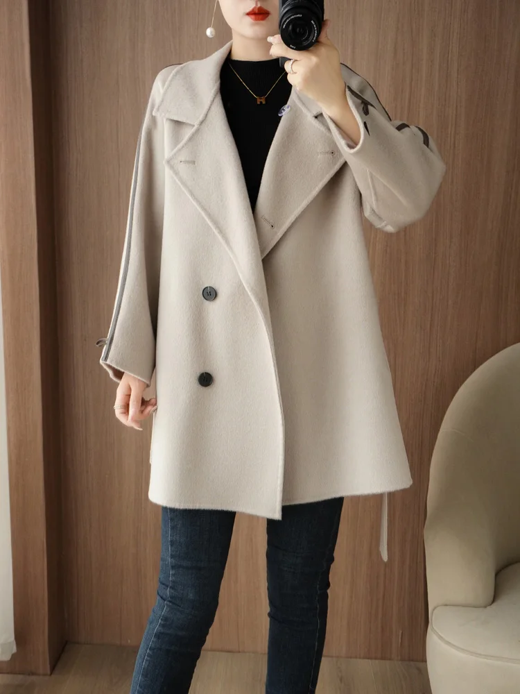 2024 Autumn/Winter New 100%Pure Wool Standing CollanDouble sided Cashmere Coat Women\'s Waist Slim Lace UpWool Coat Top