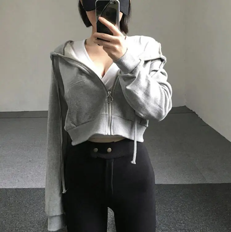 

Women Hooded Solid Short Style Zipper Slim Harajuku Chic Trendy Simple All-match Thin Long Sleeve New Vintage Clothes