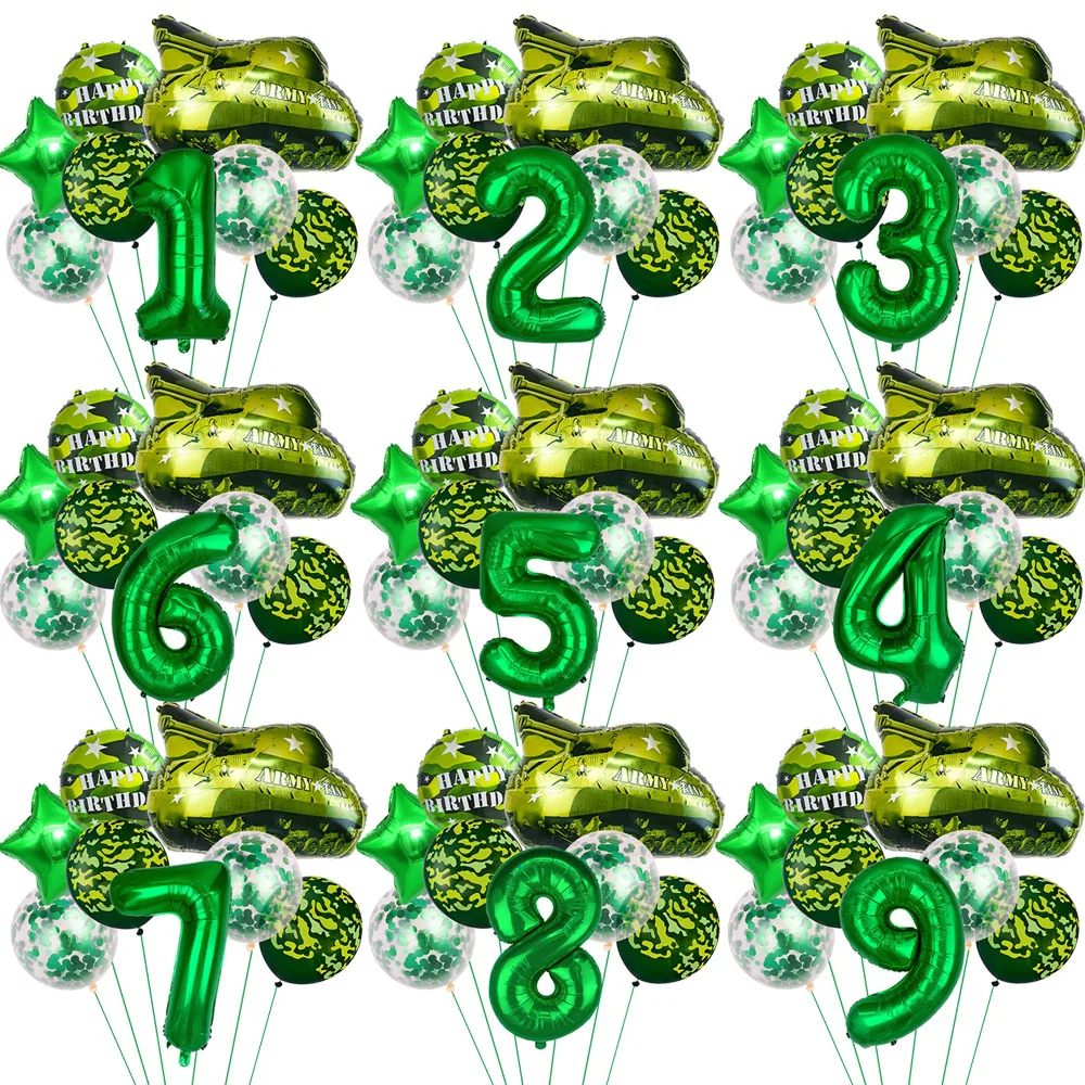 1Set Camouflage Theme Balloon Tank Star Green Number Balloon Military Theme 1-9th Birthday Boy Man Party Decoration Balloon