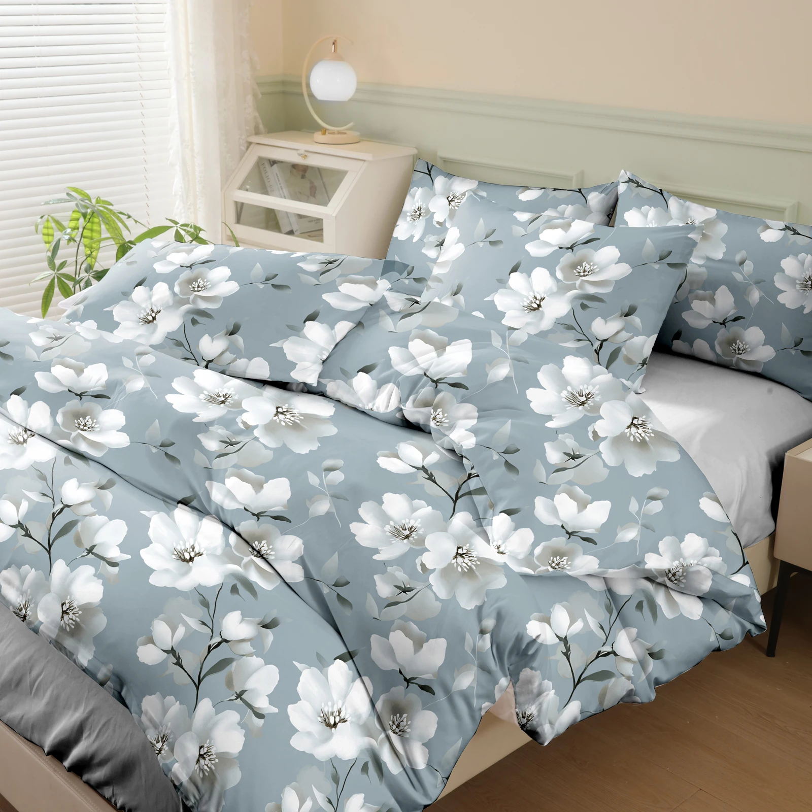 Gentle as Water Floral Print Brushed Duvet Cover Set (2 Pillowcases + 1 Duvet Cover) Floral Pattern Bedspread 3-Piece Set Ultra-