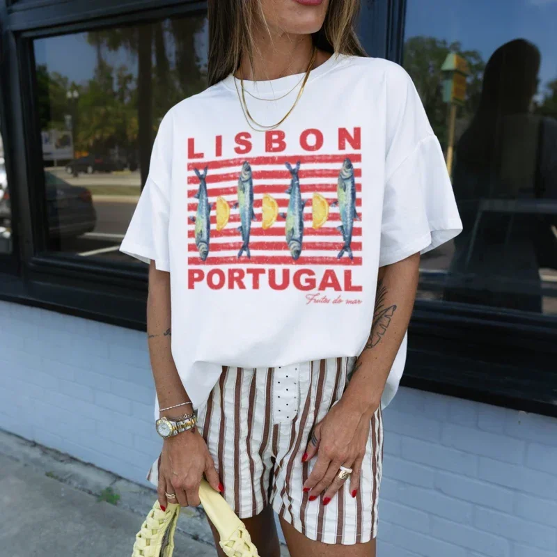 Camiseta con gráfico de sardina y Lisboa Retro para mujer, camiseta de viaje costera estética bonita, Top Vintage de algodón de manga corta para mujer