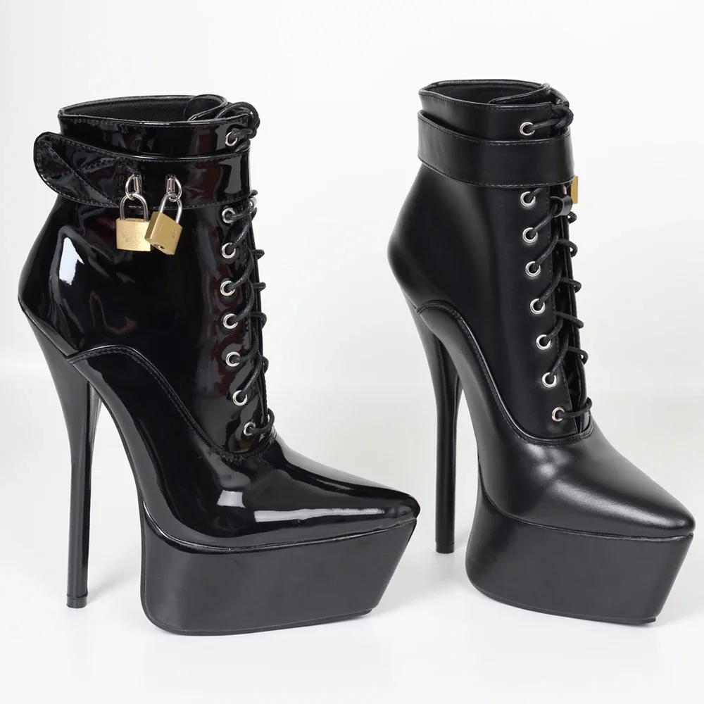 

New Style Women's Black Patent High Heels Lace-Up Platform Ankle Boot