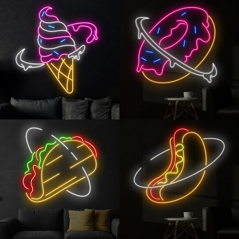 Donut Planet Led Sign Custom Business Logo Ice Cream Neon Signs for Coffee Shop Dessert Restaurant Open Neon Light Wall Decor