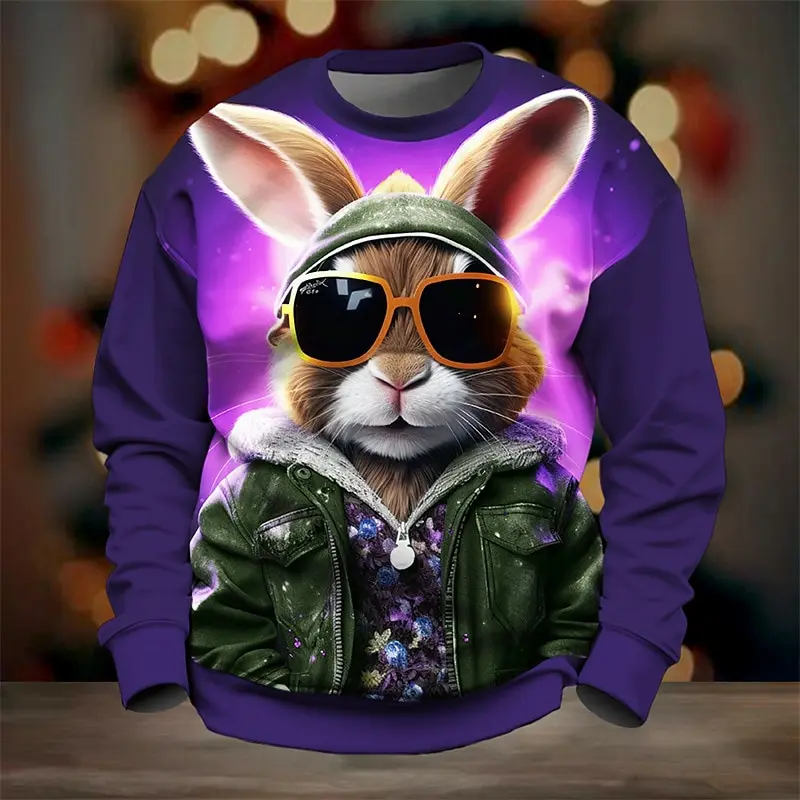 

Autumn Men's Sweatshirt Sunglasses Rabbit Graffiti Printing Hoodies For Men Long-Sleeved Sweatshirt Hip-Hop Street Men Clothing