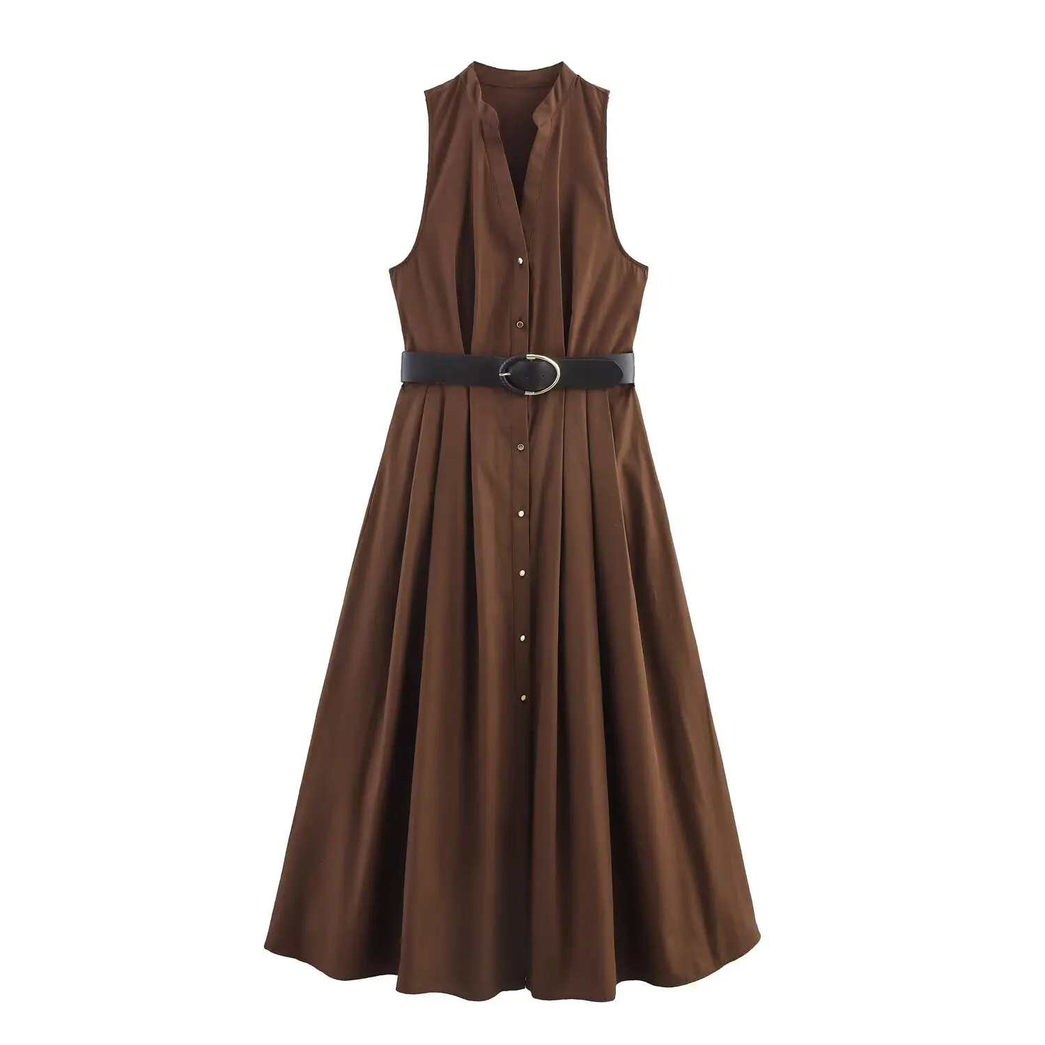 

Women's new chic Fashion With belt casual wide pleated poplin MIDI dress retro sleeveless button up women's dress