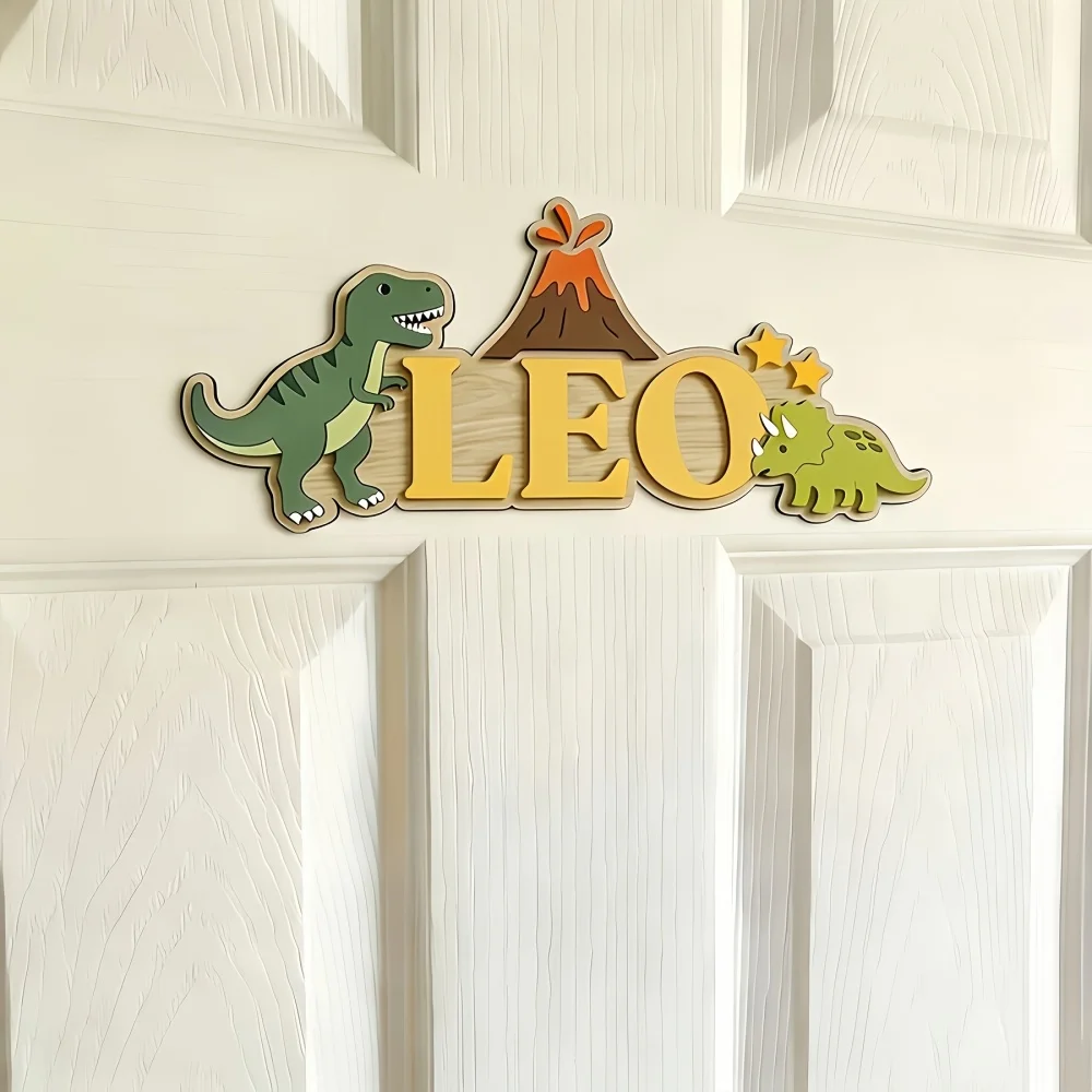 Wooden Double-Layer Custom Name Door Plaque, Dinosaur Volcano Cartoon Style, Room Bedroom Wall Hanging Decoration,Exclusive Gift image 5