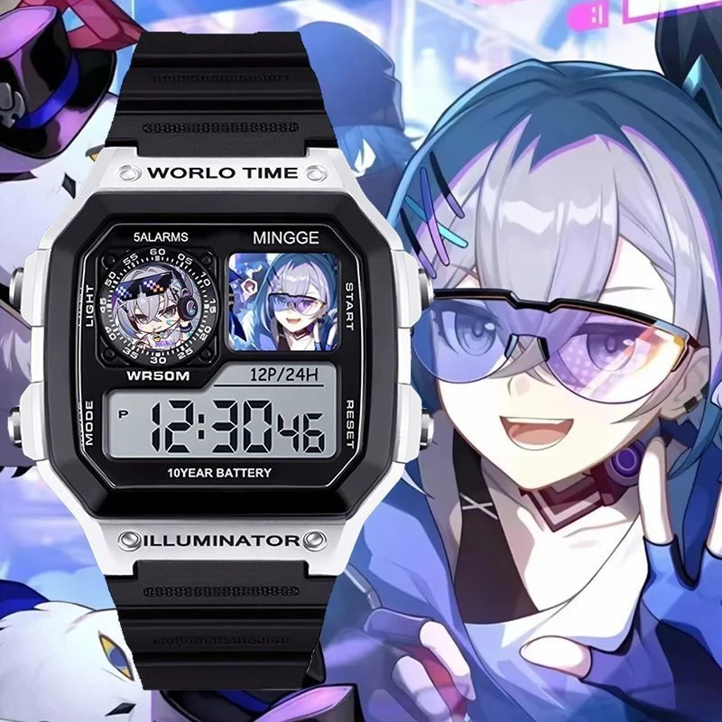 혼카이:스타 레일 전자 시계 - 방수, 타이밍 알람 시계, 패션 시계 실버 울프 카프카 3월 7일 팬 생일 선물