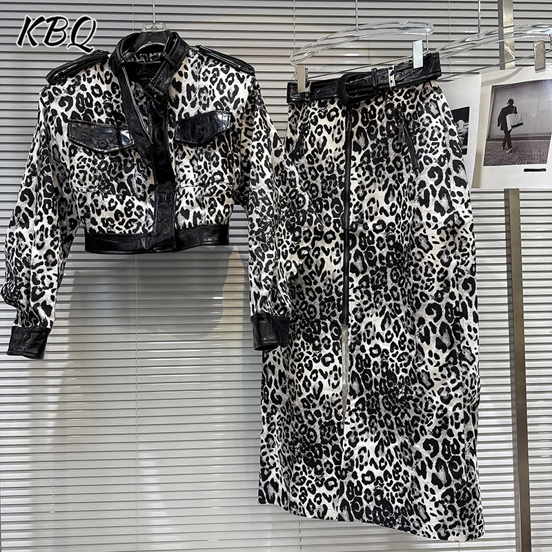 

KBQ Leopard Print Two Piece Set for Women Stand Collar Long Sleeve Leather Short Coat High Waist Loose skirt Chic Sets Female