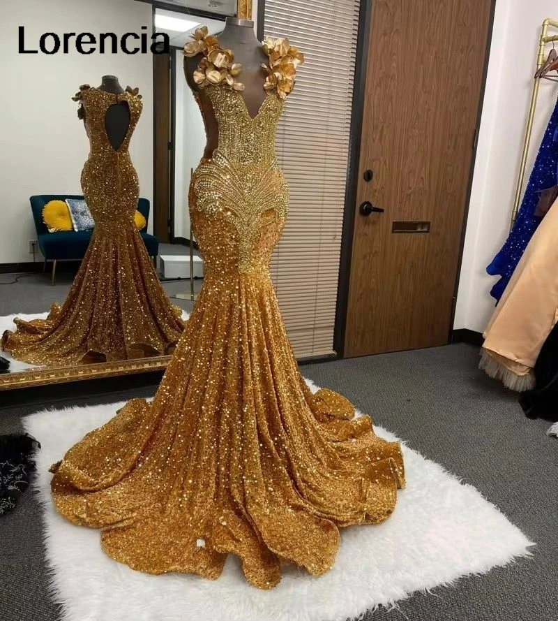 

Индивидуальные роскошные золотые выпускные платья для девочек 2026: вечерние платья-русалки с блестящими пайетками и бисерными цветами, YPD463