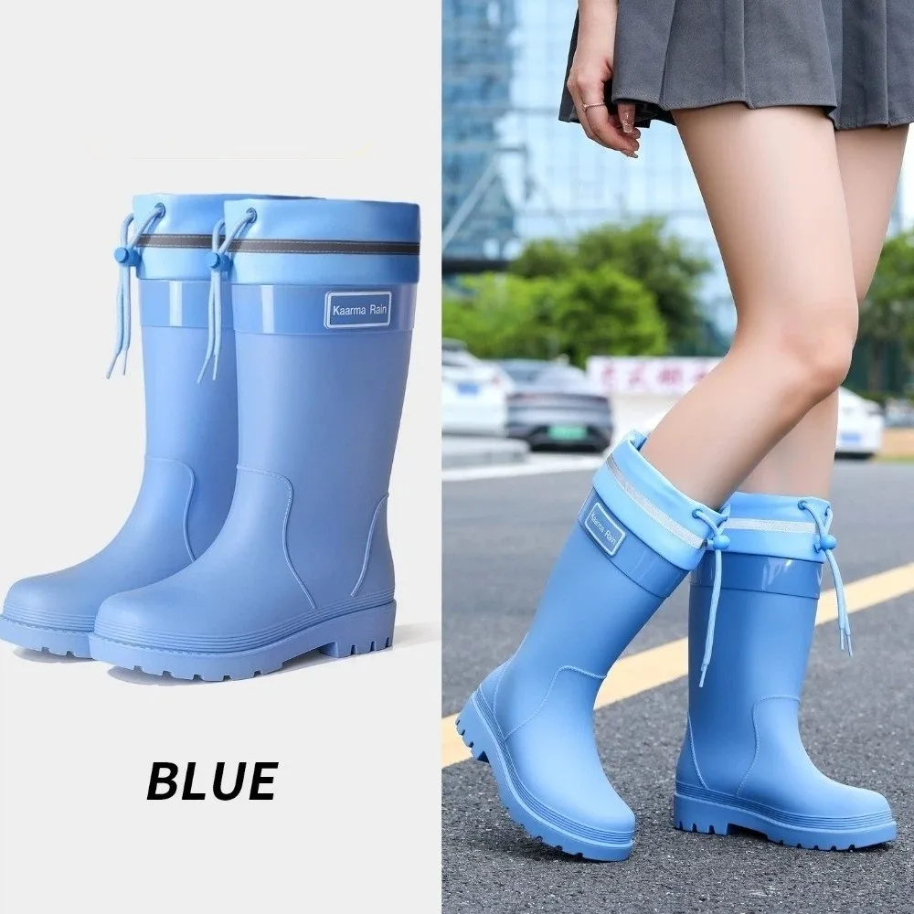 Modische Wasserdichte Wasserschuhe PVC Rutschfeste Damen-Regenstiefel mit Mittelhohem Absatz und Kordelzug Regenwald-Regenschuhe – Detail 12