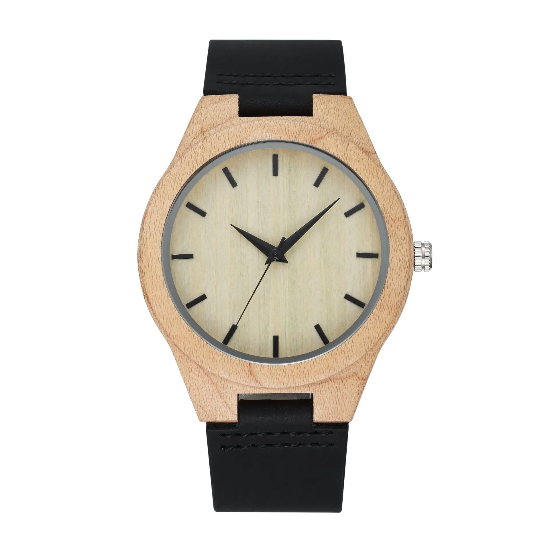 Natural Maple Wood Round Men Quartz Wristwatch Solid Wood Case Genuine Leather Pin Strap Casual Stylish Male Wooden Watch