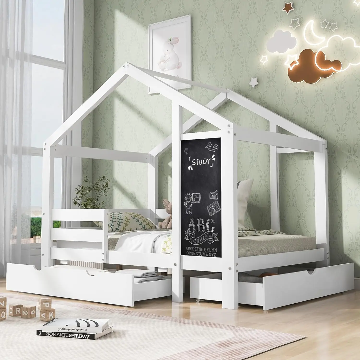 Full Size Wooden House Bed With Blackboard And 2 Storage Drawers, Wooden Kids Bed Frame With Roof And Fence Rails For Girls