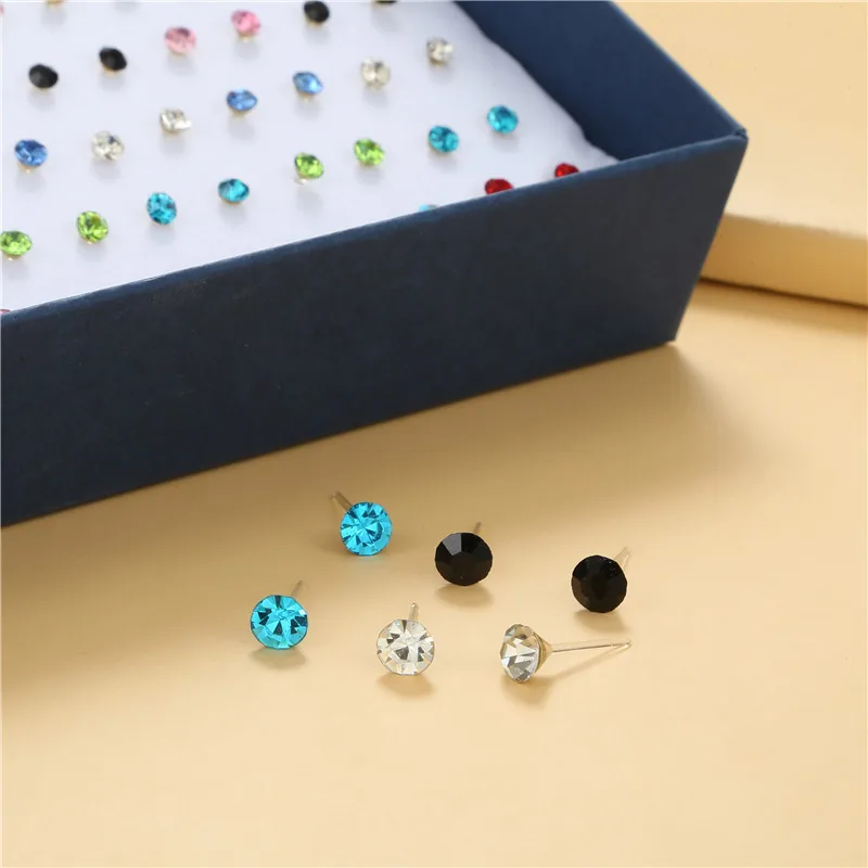 100 Pairs/Lot Different Size Colorful Rhinestone Small Stud Earring For Women Round Piercing Plastic Ear Gifts New Jewelry