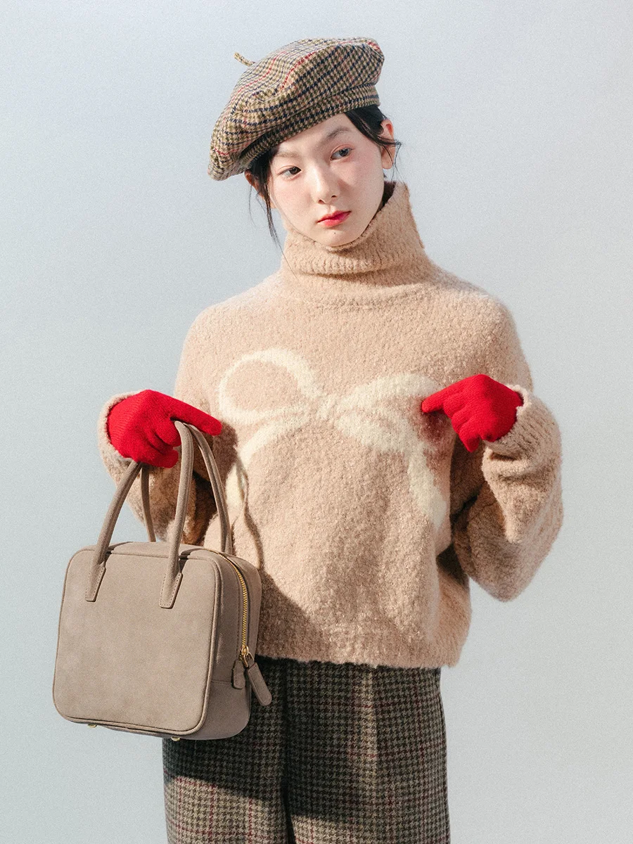 

Вязаный свитер Bluwhite с высоким воротником и узлом, цвет кэмел, зимний женский шерстяной свитер, подарок для нее