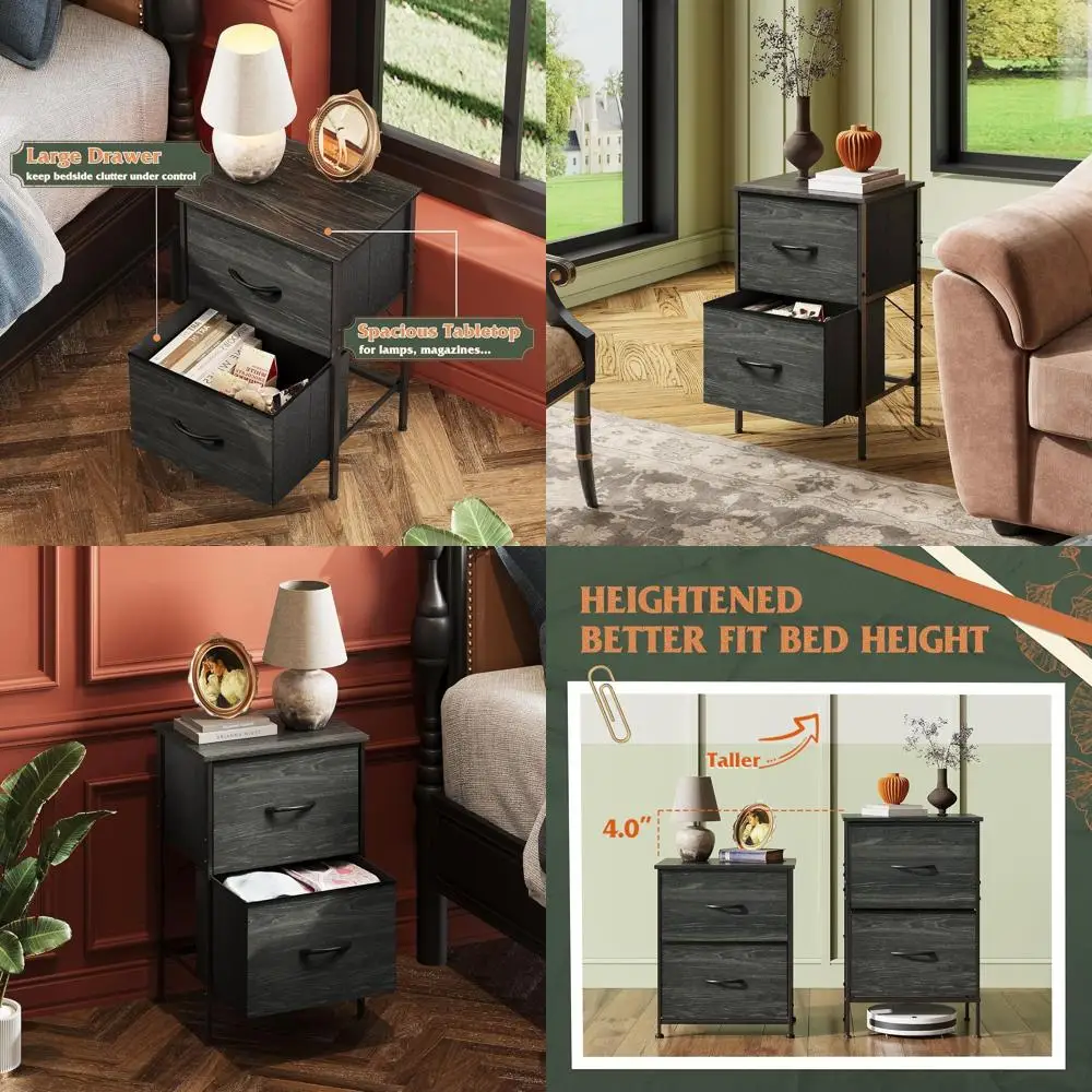 

Charcoal Black 2-Piece Nightstand Set: Compact Dresser with 2 Drawers and Storage Nightstand for Bedroom, Dorm, and Entryway