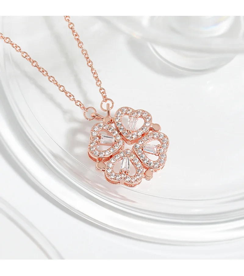 CARLIDANA Transform Luxury Four Leaf Clover Pendant Necklace Crystal Gold Color Heart Love Jewelry for Women Gift