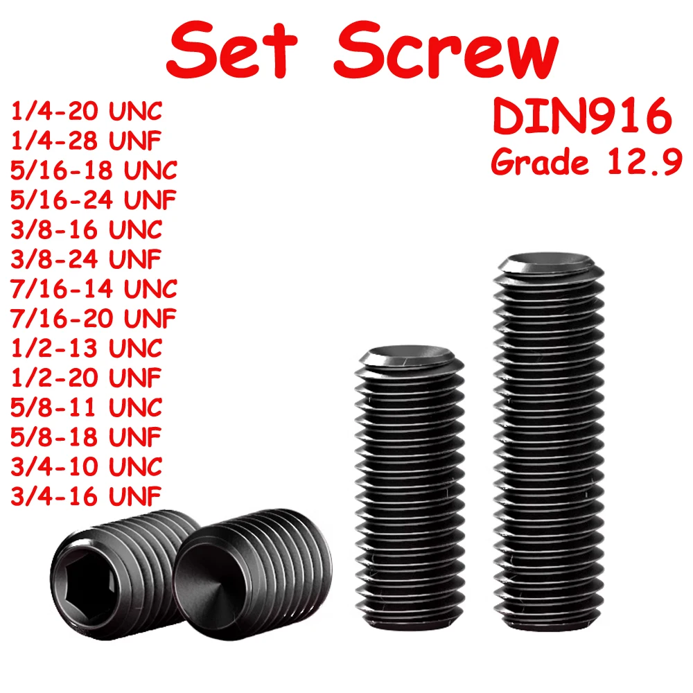 

Yiqianyuan 1/4'' 5/16'' 3/8'' UNC UNF DIN916 Grade 12.9 Alloy Steel Hex Socket Set Screws with Cup Point Headless Grub Bolts