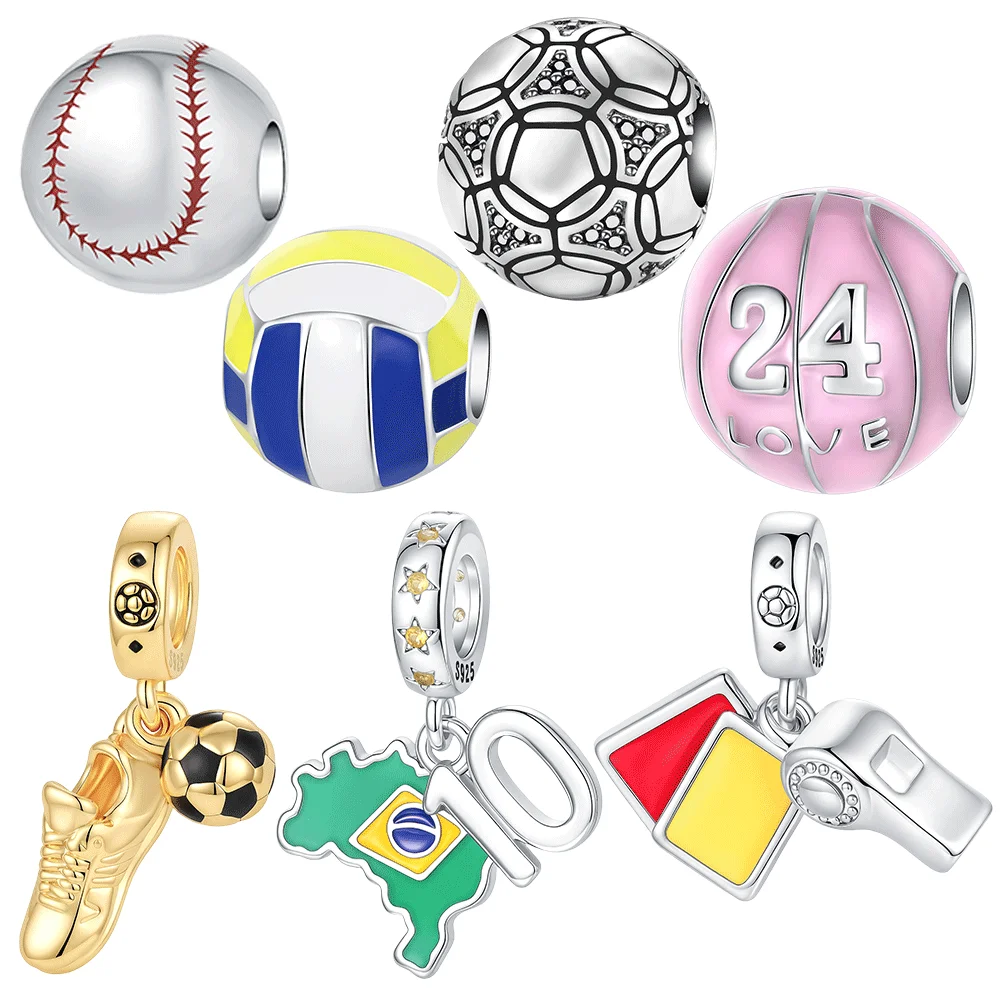 

925 Sterling Silver Charms Beads Sport Basketball Football Tennis Soccer Whistle Brazil Map Pendant Fit Women Girl Fine Jewelry
