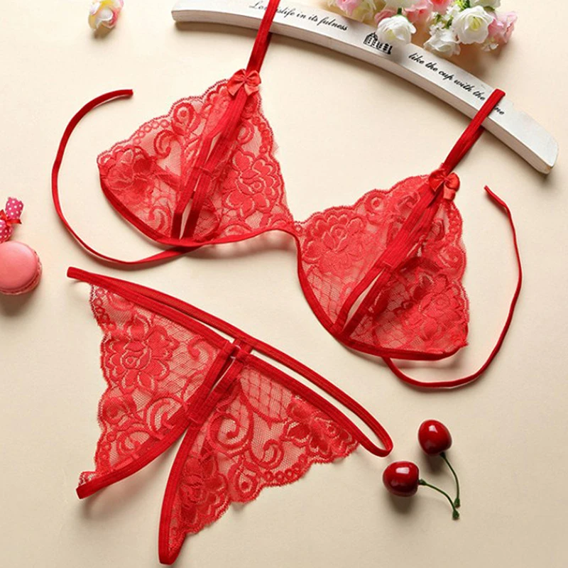 Conjunto de Sujetador de encaje Sexy para mujer, ropa interior transparente con volantes, conjunto de lencería erótica caliente, sujetador de realce con bragas, conjuntos de calzoncillos rojos