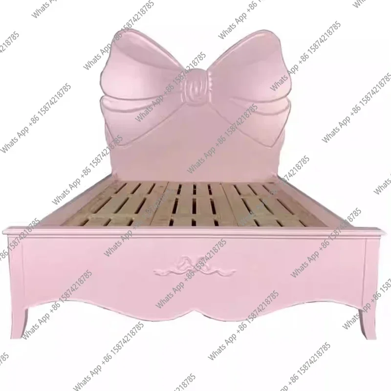XX XS European Solid Wood Bed Bow Pink Girl Princess Bed French Light Luxury Master Bedroom Children's American Double