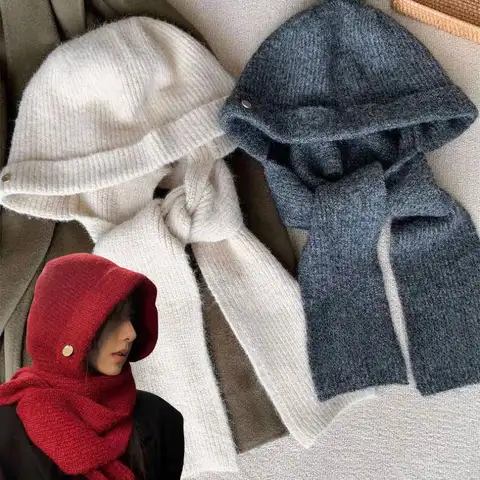 Y2K Korean Balaclava Bonnet Beanies Hat Scarf One-piece Thickened Warm Retro Neck Protection Winter Accessories Knitted Law Hat