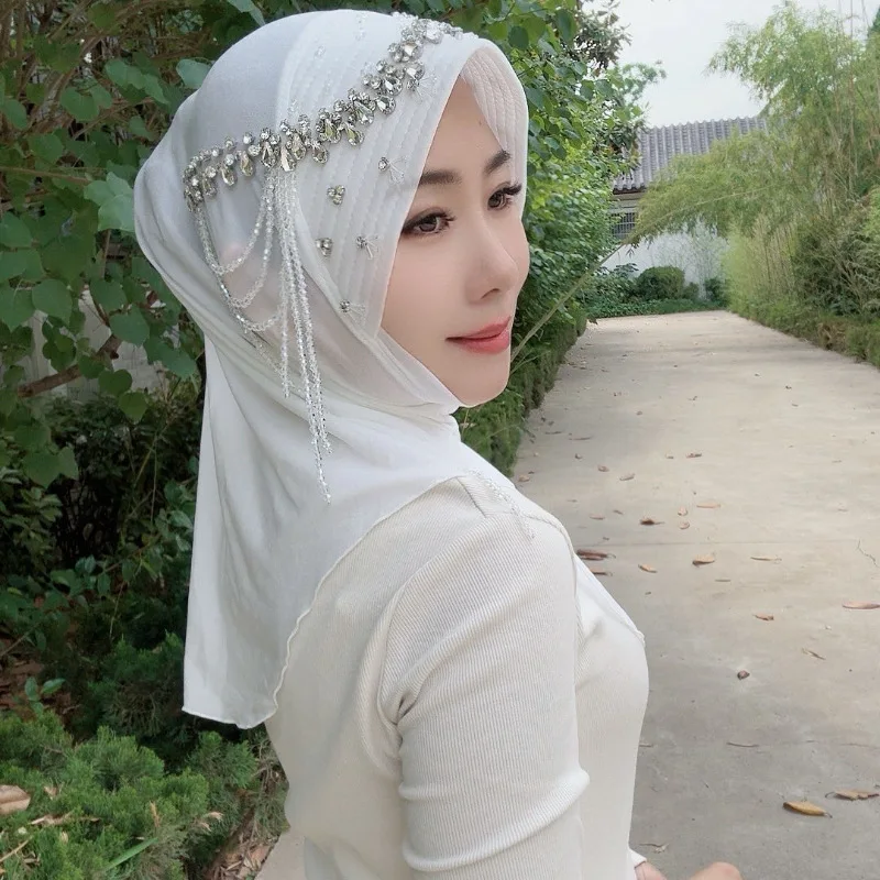 

Muslim Hats Hijabs for Women Luxury Bead Shawl Headscarf Sponge Brim Soft Cap Scarf Eid Prayer Scarves Home Party Headwear
