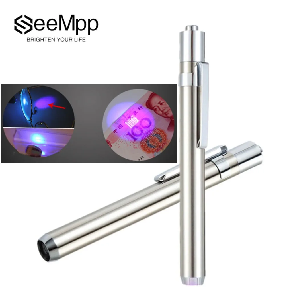 SeeMpp 365nm/395nm LED UV Flashlight Torch Mini Stainless Steel Lamp Ultra Violet Light AAA Battery for Marker Checker Detection