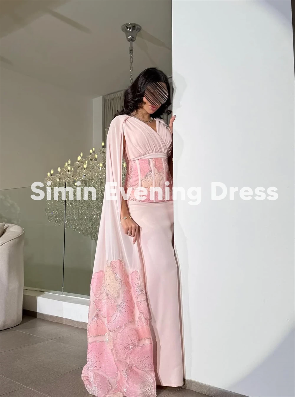 Simin Damen-Abendkleider mit individuellen Blumen, V-Ausschnitt, Falten, Meerjungfrau, Saudi-Arabien, mit ärmellosen, bodenlangen, eleganten Kleidern