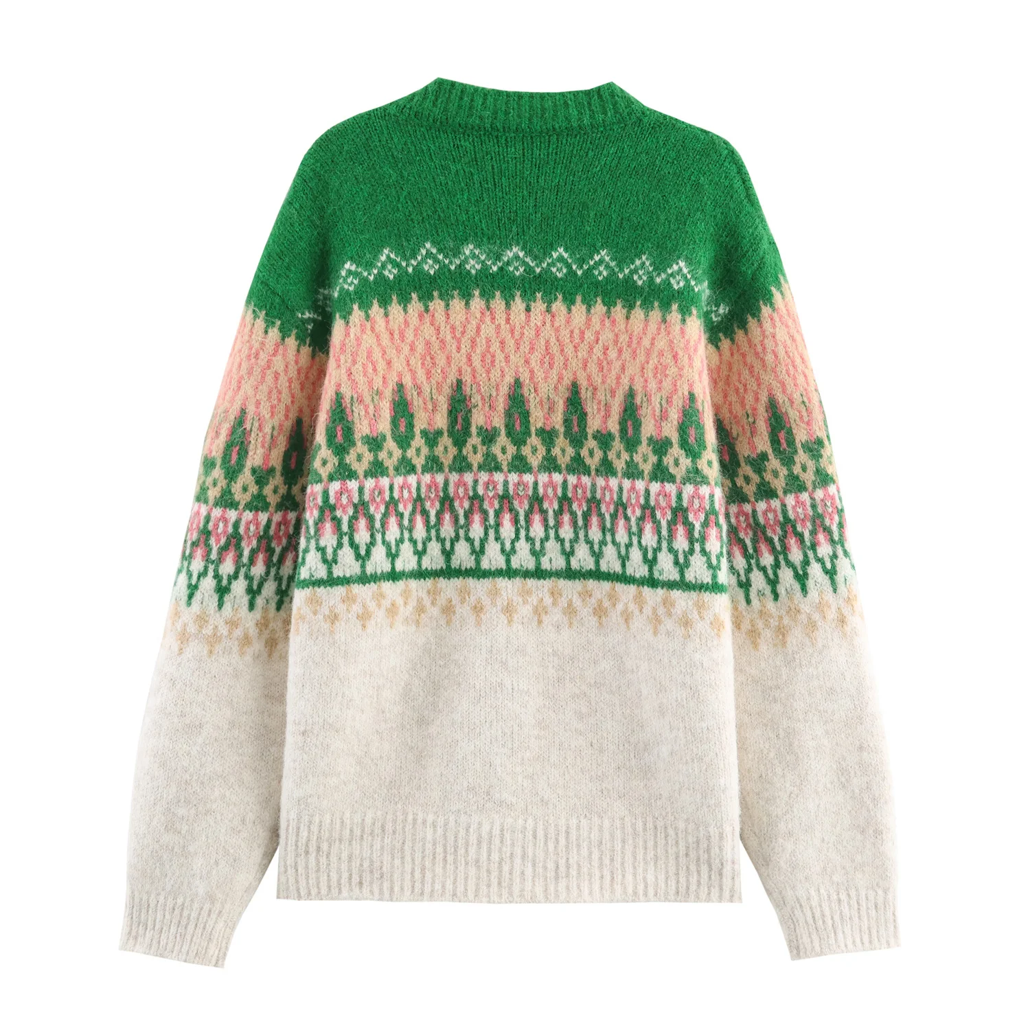 2025 Vintage Winter Vrouwen Geometrische Plaid 3D Bloem Volledige Mouw Slouchy Gebreid Vest V-hals Losse Totem Trui Groen Kaki