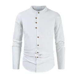 Men's Linen Shirt Thin Long Sleeved Casual Loose Cotton Linen Shirt Top White Men's Clothing