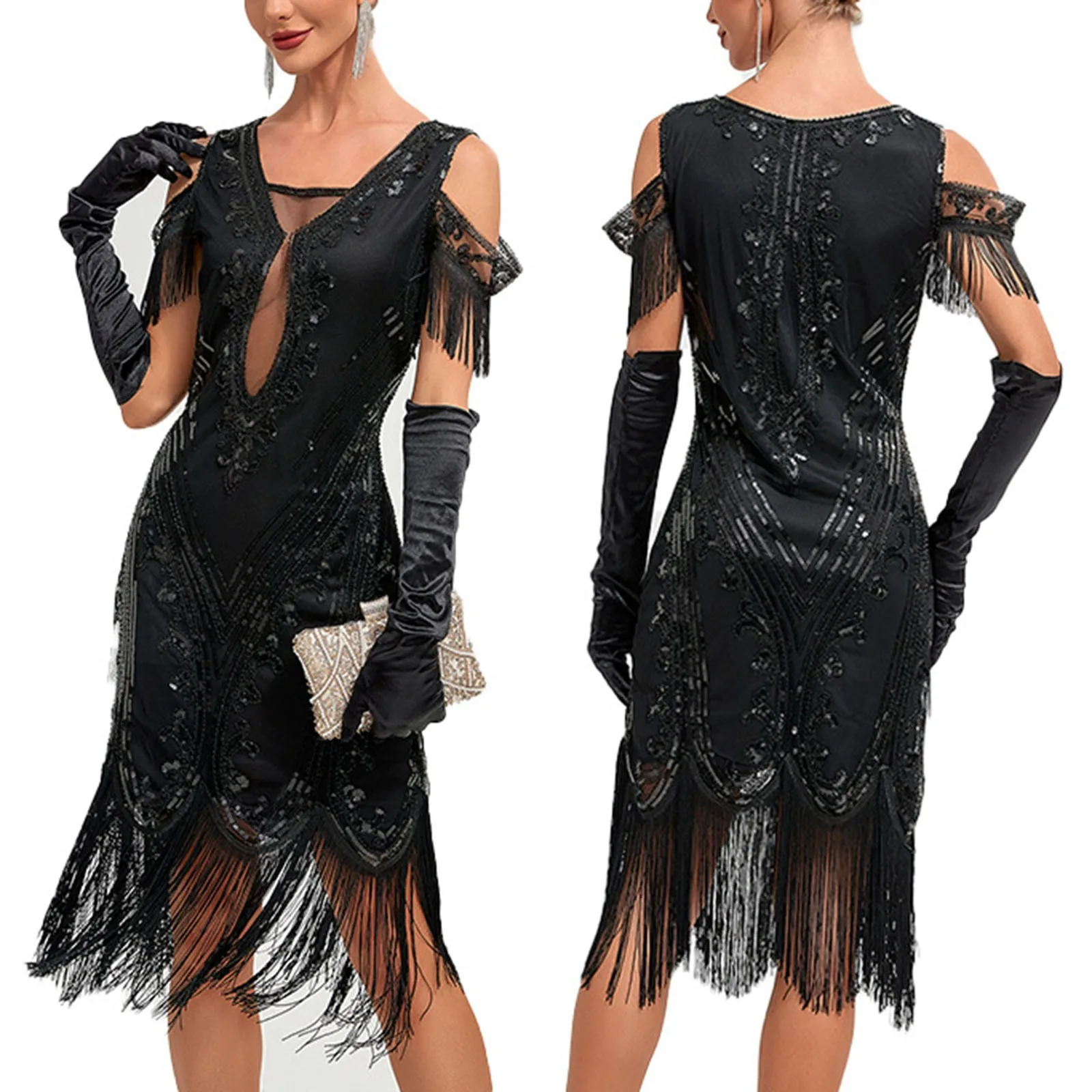 Vintage 1920s Flapper Tassel Dress for Women Great Gatsby Costumes Embroidery Cocktail Party Dance Sequin Dress Sexy Slim Dress