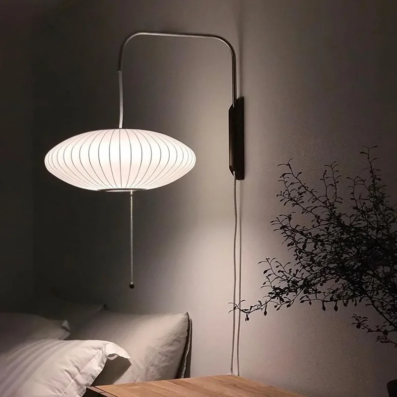 lampada de parede de seda estilo japones para sala de estar lampada simples e moderna com interruptor de fio cama zen braco oscilante 01