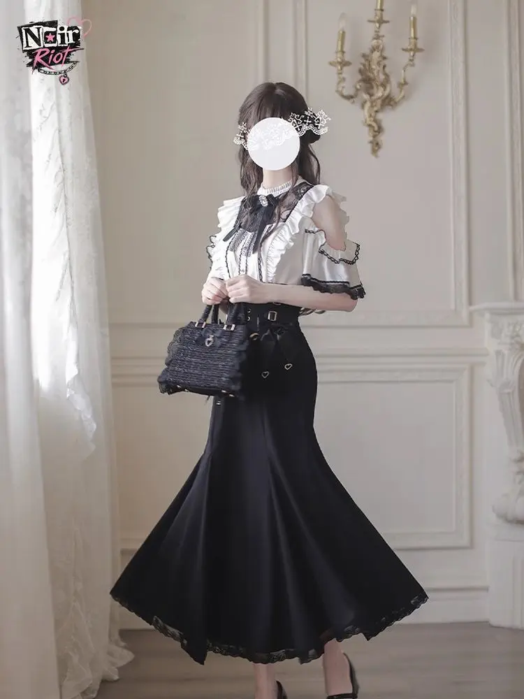 Japanese Vintage Ryousangata Gothic Lolita 2pcs Set Women Ruffle Lace Trim Bow Blouse High Waist Mermaid Maxi Skirt Outfit