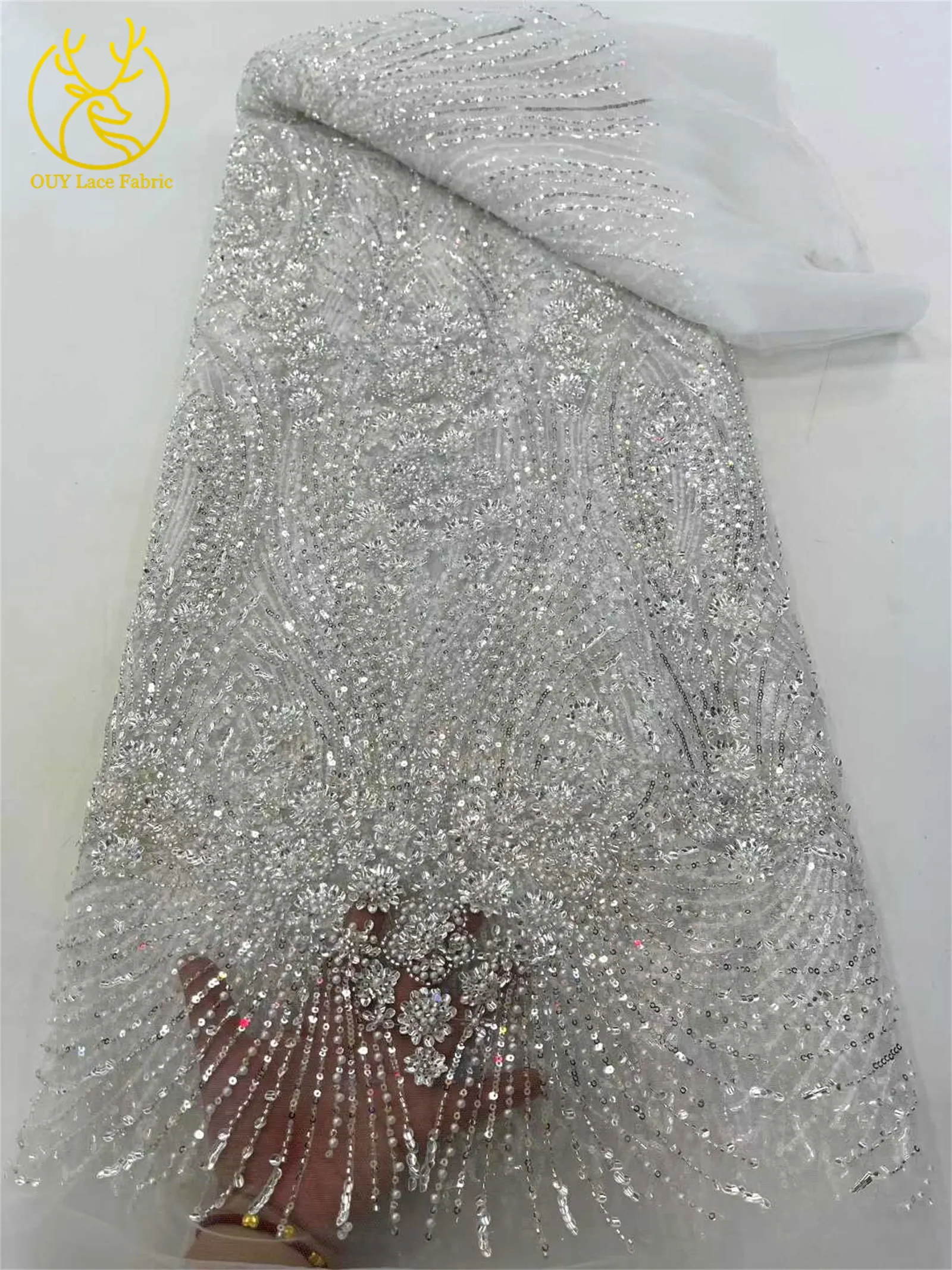 Luxury African Beaded Lace Fabric 2025 Gold Luxury French Nigerian Sequins Mesh Tulle Lace Fabric Wedding Party Dress 5 Yards