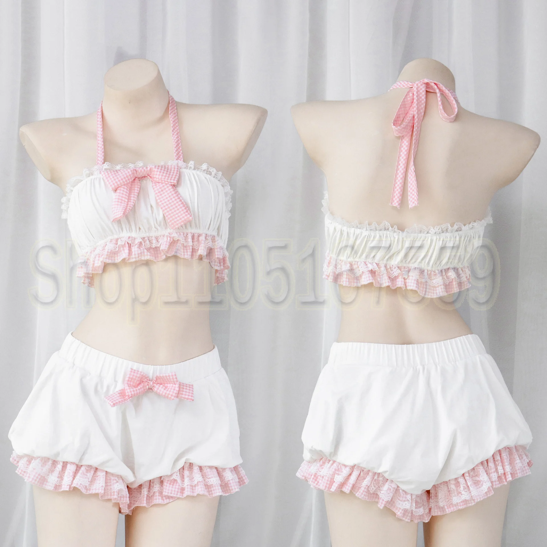 Kawaii Role Play Woman's Costume Bowknot Lace Top Flower Set Lolita Cute Girl Kawaii French Maid Sweet Sexy Girls Pajamas Bikini