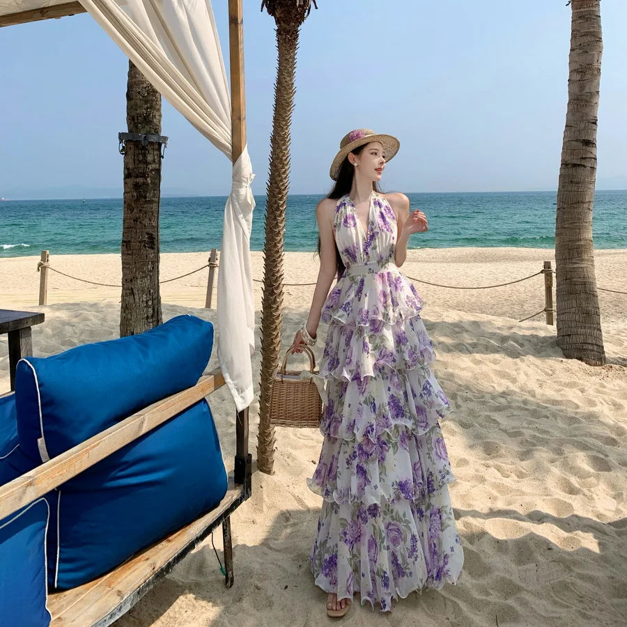 

French Riviera Vacation Style Beach Tour White Purple Hibiscus Flower Neck Hanging Chiffon Cake Long Dress Women V-neck Dress