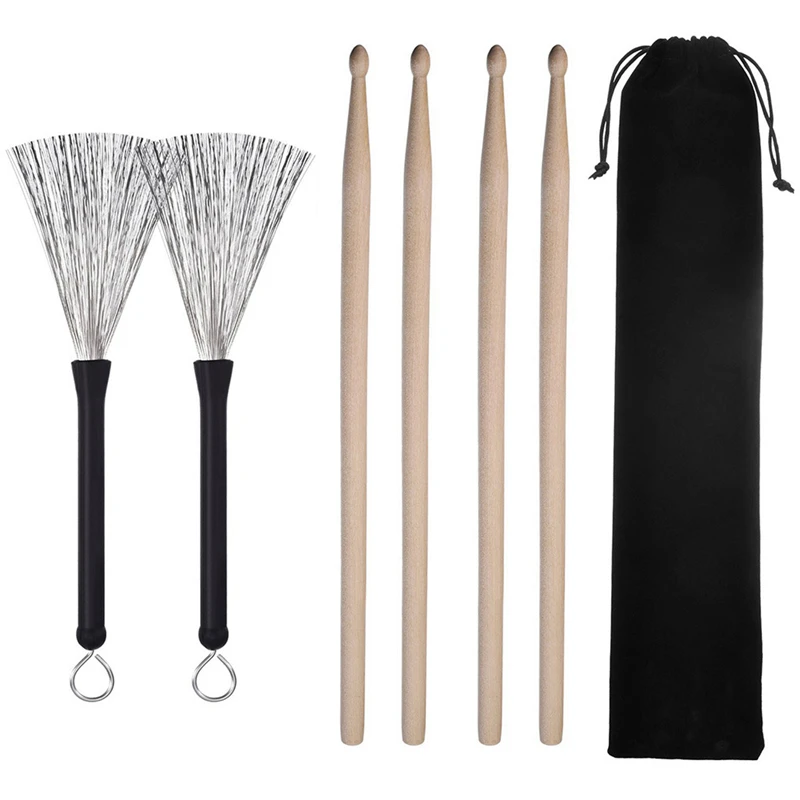 1Set 5A Maple Drumstick Retractable Wire Steel Drum Brush Professional Percussion Waterproof Bag