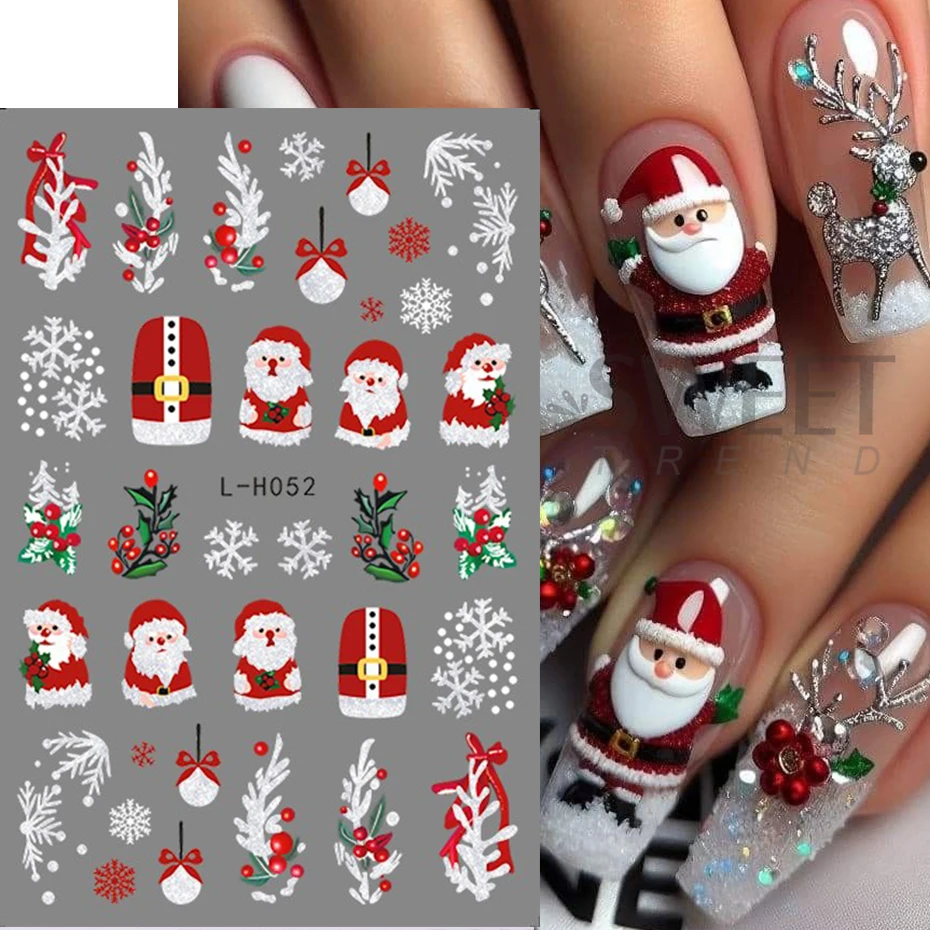 3D Christmas Nail Art Stickers Cute Cartoon Santa Claus Decals Snowman Reindeer Snowflake Sliders Holiday Manicure Decorations