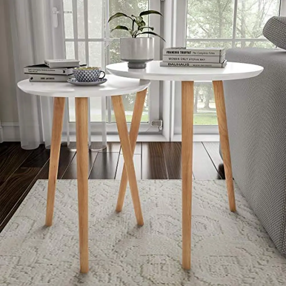 

Scandinavian Style Wood End Tables Set with Circular Tops Living Room Mid-Century Modern Design Sturdy Build Easy Assembly