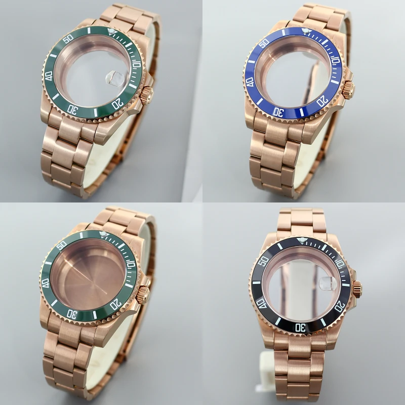 Casing jam tangan Ms 40mm Rose Gold tali jam safir dengan kaca pembesar untuk SUB Seiko NH35 NH36 8205 8215 Eta 2824 gesper geser