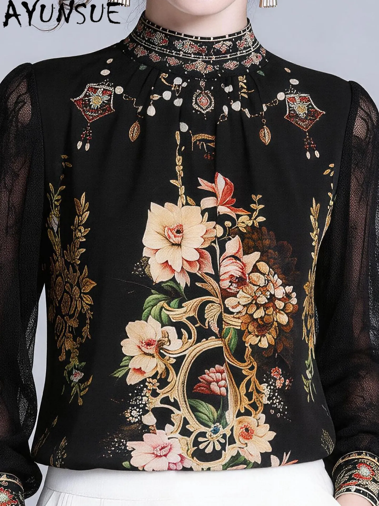 

AYUNSUE 100% Mulberry Silk Blouse Summer Clothes Elegant Womens Blouses Fashion Top Women 2026 Stand Collar Print Блузка Женская