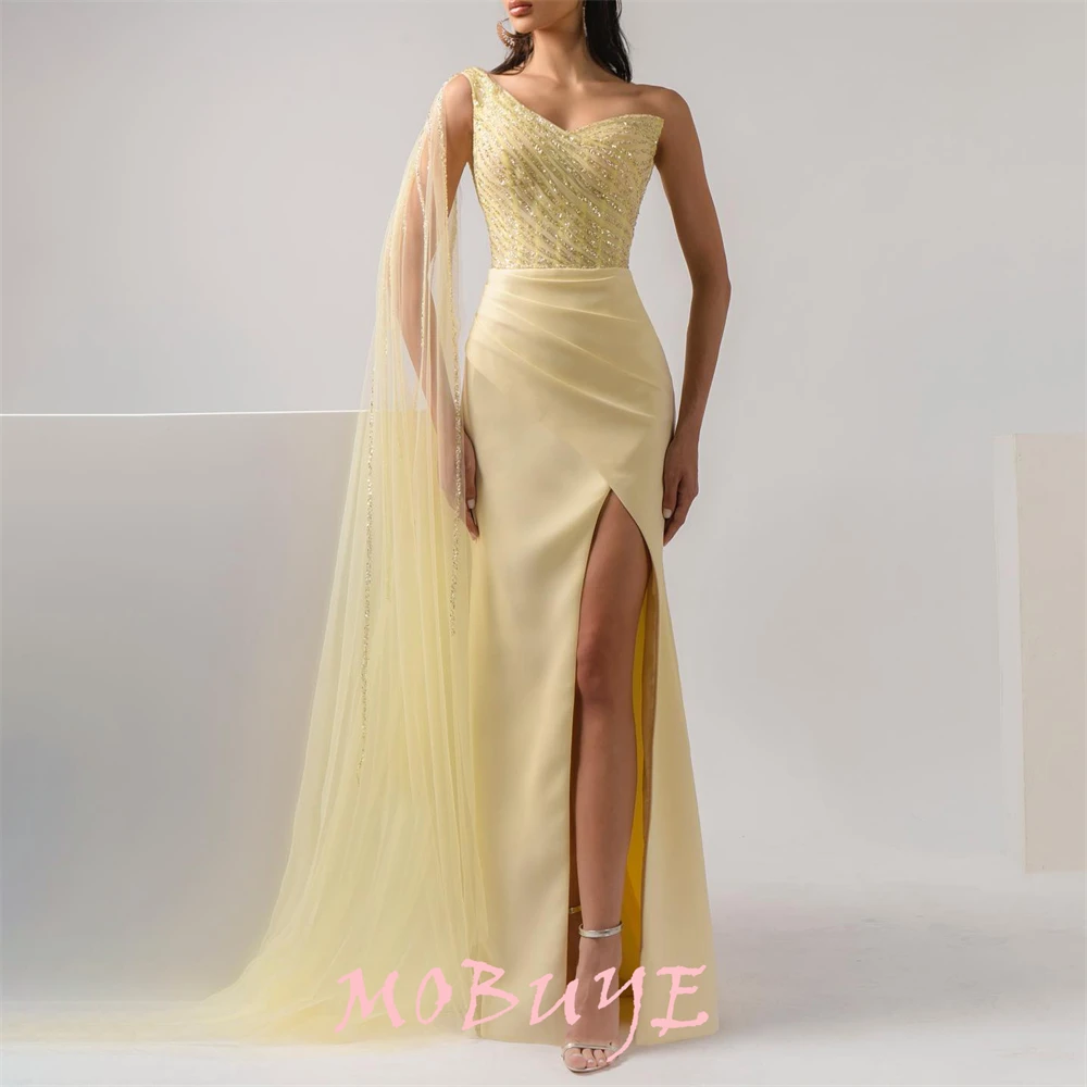 

MOBUYE 2024 Popular One Shoulder Prom Dress Floor-Length With Short Sleeves Evening Fashion Elegant Party Dress For Women