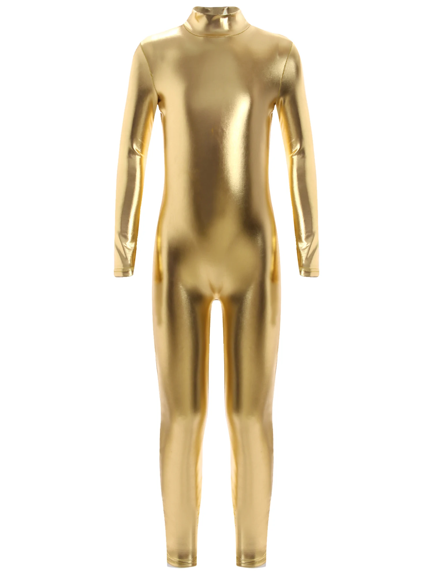 Dzieci dziewczęta chłopcy błyszczący metaliczny trykot gimnastyczny z długim rękawem Zip pełne body Catsuit taniec baletowy Unitard kostium na Halloween — zdjęcie 2