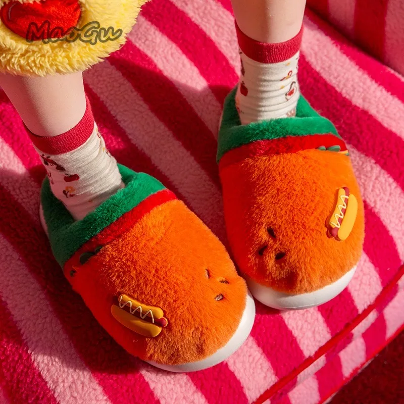 

Мультяшные тапочки-хот-доги для девочек, зимние хлопковые, 2025, осенние, новые, домашние, милые, комнатные, нескользящие, на толстой подошве, пушистые, пантуфлясы