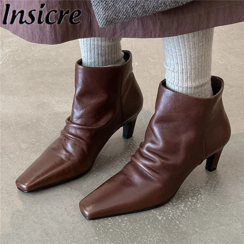 Insicre 2025 Fashion Top Quality Women's Ankle Boots Square Toe Thin High Heels Cow Leather Slip On Handmade Winter Shoes
