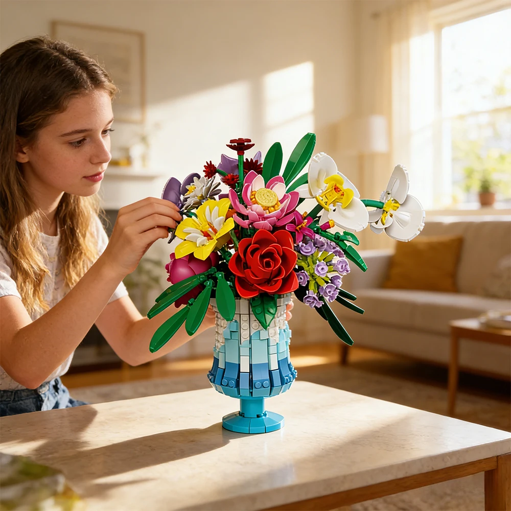 

Christmas Valentine's Day Romantic Gift Rose Bouquet Building Block 956 PCS with Vase and box Kids DIY Bricks Toy Home Decor New