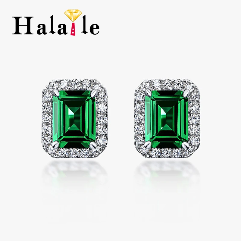 

Halaile S925 Sterling Silver Cultivated Emerald with Certificate Stud Earrings Trendy Fine Jewelry Women's Classic Elegant Gift