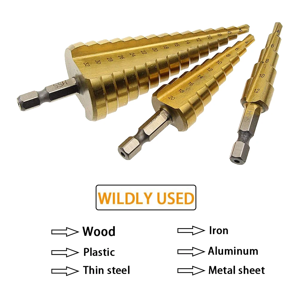 HSS Step Drill Bit Set, Cone Titanium, Madeira Metal Hole Cutter, Hex Shank Drive, Ferramenta Quick Change, 3, 4-12mm, 4-20mm, 4-32mm